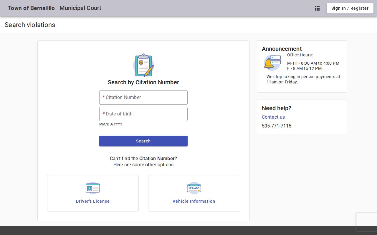 Bernalillo municipal citation search fields for city warrant records